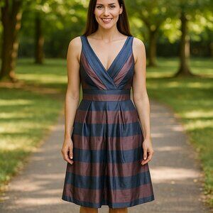 NINE WEST Ombre Fit/Flare Lined Women 10 Side Zip Babydoll Band Dress Boho Beach